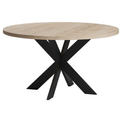 Eiken ronde eettafel met moderne stalen spinpoot Eiken ronde eettafel met moderne stalen spinpoot