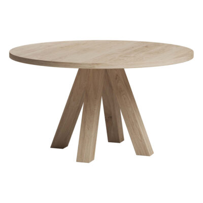 Ronde eettafel eiken met houten piramide poot Eikenhouten ronde eettafel met unieke piramidepoot